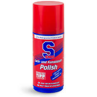Red aerosol can with blue and white accents, labeled "S100 2480, Paint and Plastic Polish" by SDoc, featuring a clear cap and instructions in German.