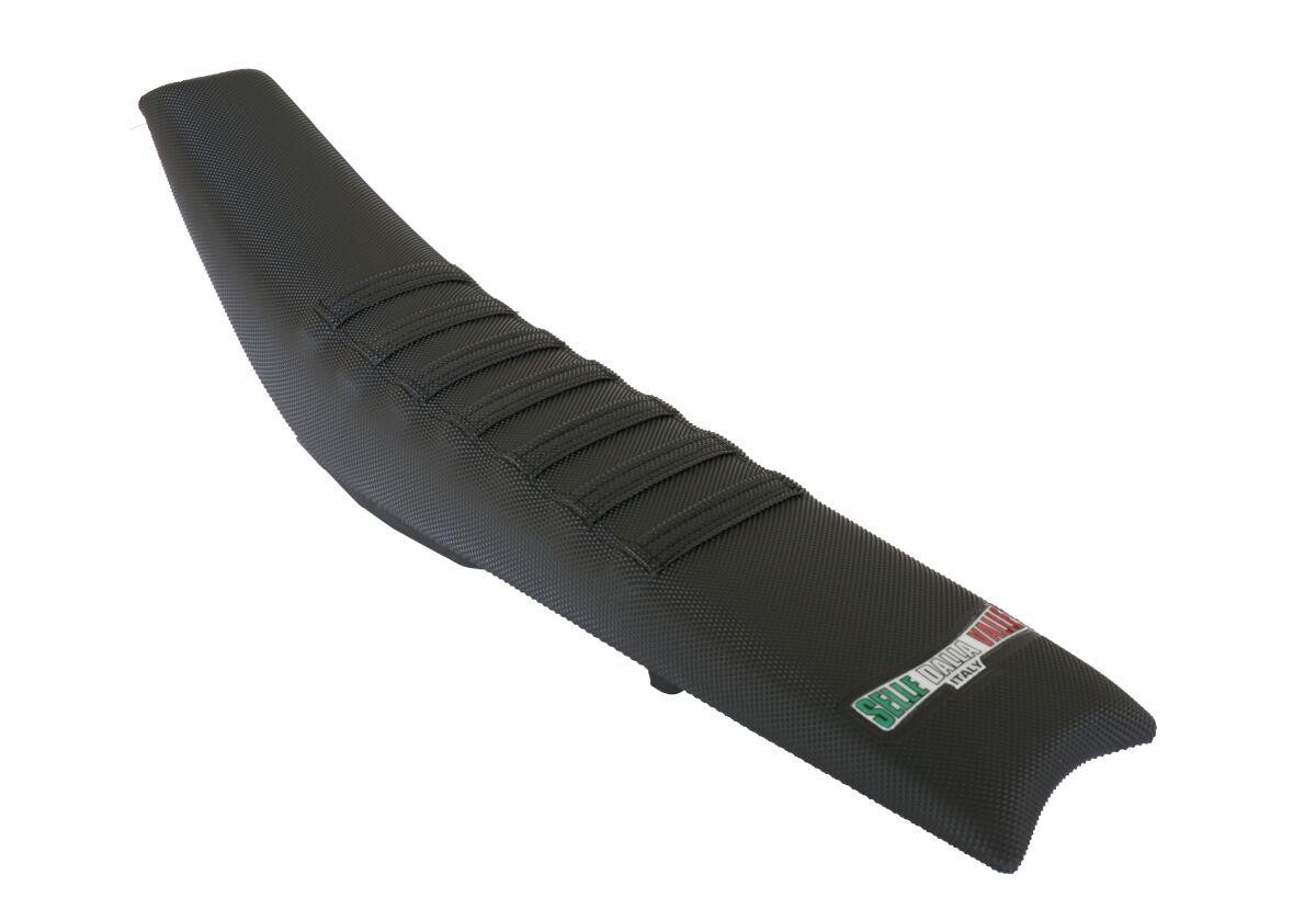 Black Selle Dalla Valle Factory Seat Cover for Gas Gas EC 250 (2021-2023) featuring a textured surface and ribbed grip sections for enhanced comfort and control.