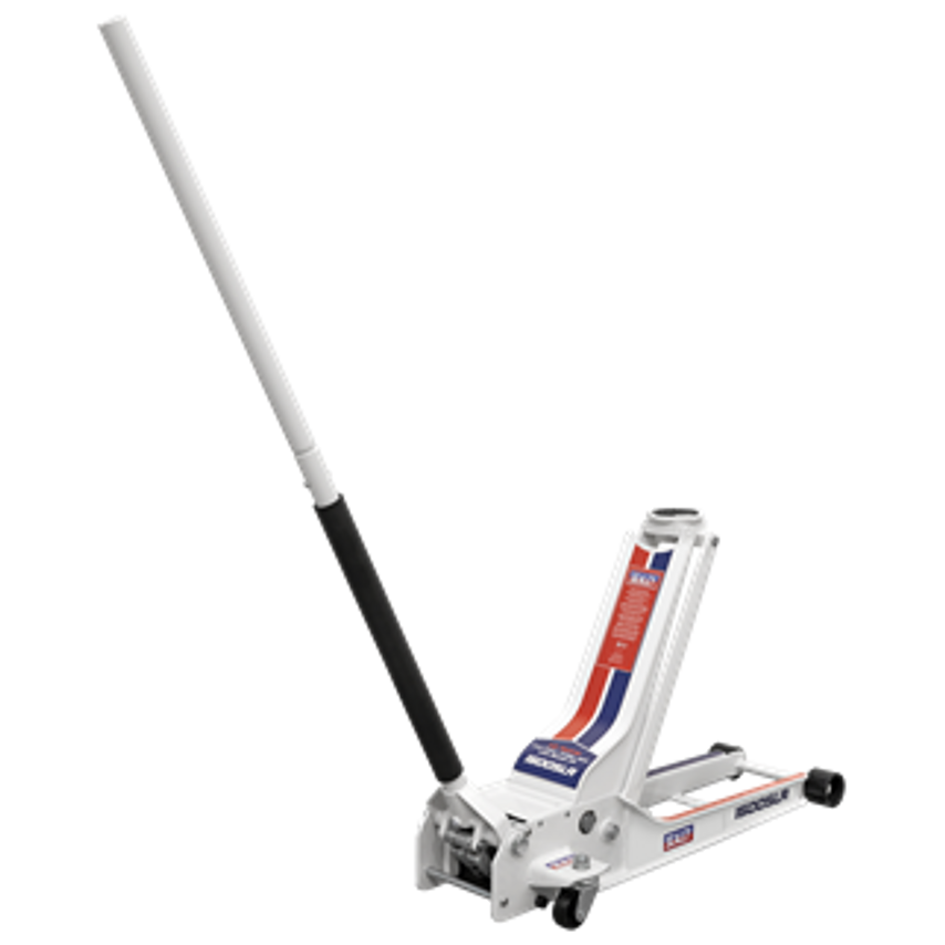 Low profile trolley jack in white and red, featuring a long handle, sturdy wheels, and a compact design for easy lifting of vehicles.