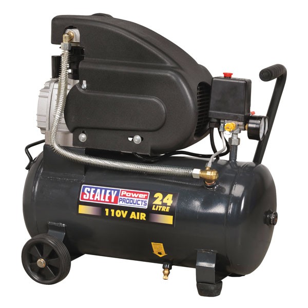Sealey SAC2420E110V air compressor with a black metal tank, 24L capacity, direct drive, 2hp motor, pressure gauge, and wheels for easy mobility.