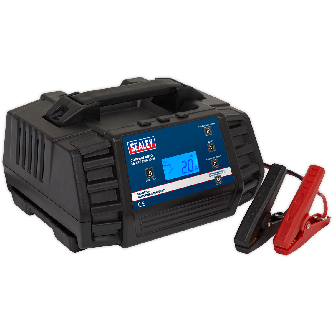 Compact black charger with a blue digital display, featuring a handle, red and black battery clamps, and nine charging cycles for 12V batteries.
