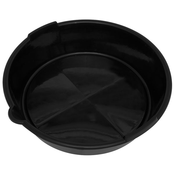 Black polypropylene antifreeze and oil drain pan with a 6-liter capacity, featuring a smooth interior and a raised edge for easy pouring and handling.