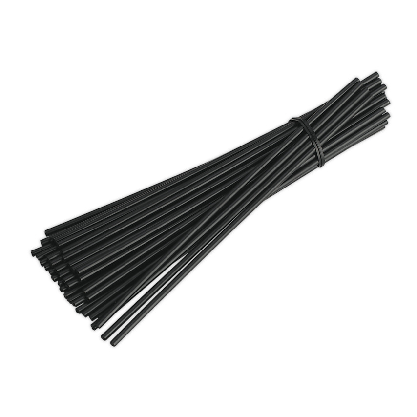 Pack of 36 black ABS plastic welding rods, bundled together with a tie, featuring a smooth surface and uniform diameter for effective welding applications.