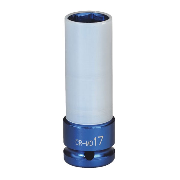 22mm alloy wheel impact socket with a shiny chrome finish, featuring a blue anodized aluminum base and a 1/2" square drive, marked with "CR-MO17."