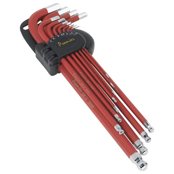 Sealey AK7164 11-piece ball-end hex key set with anti-slip red metal shafts, extra-long design, and chrome-plated tips, housed in a black holder for easy organization.