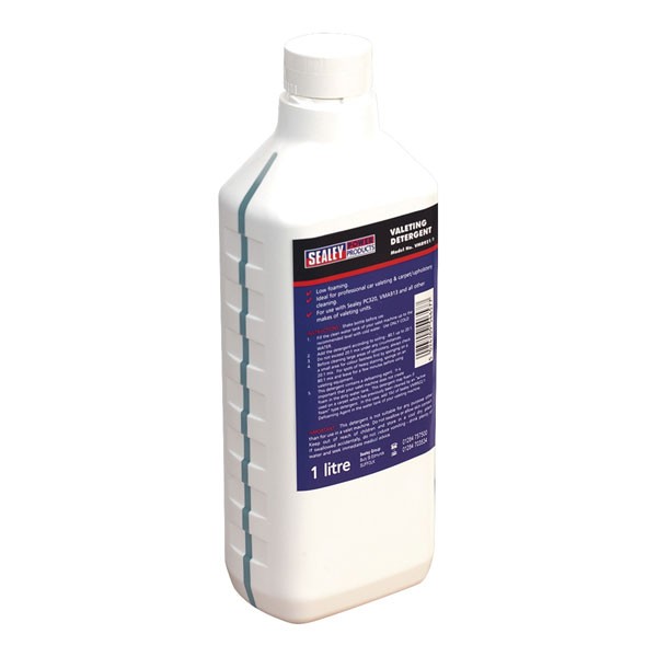 White plastic bottle of Sealey VMR925S carpet and upholstery detergent, featuring a blue label with product details and a 5-litre capacity.
