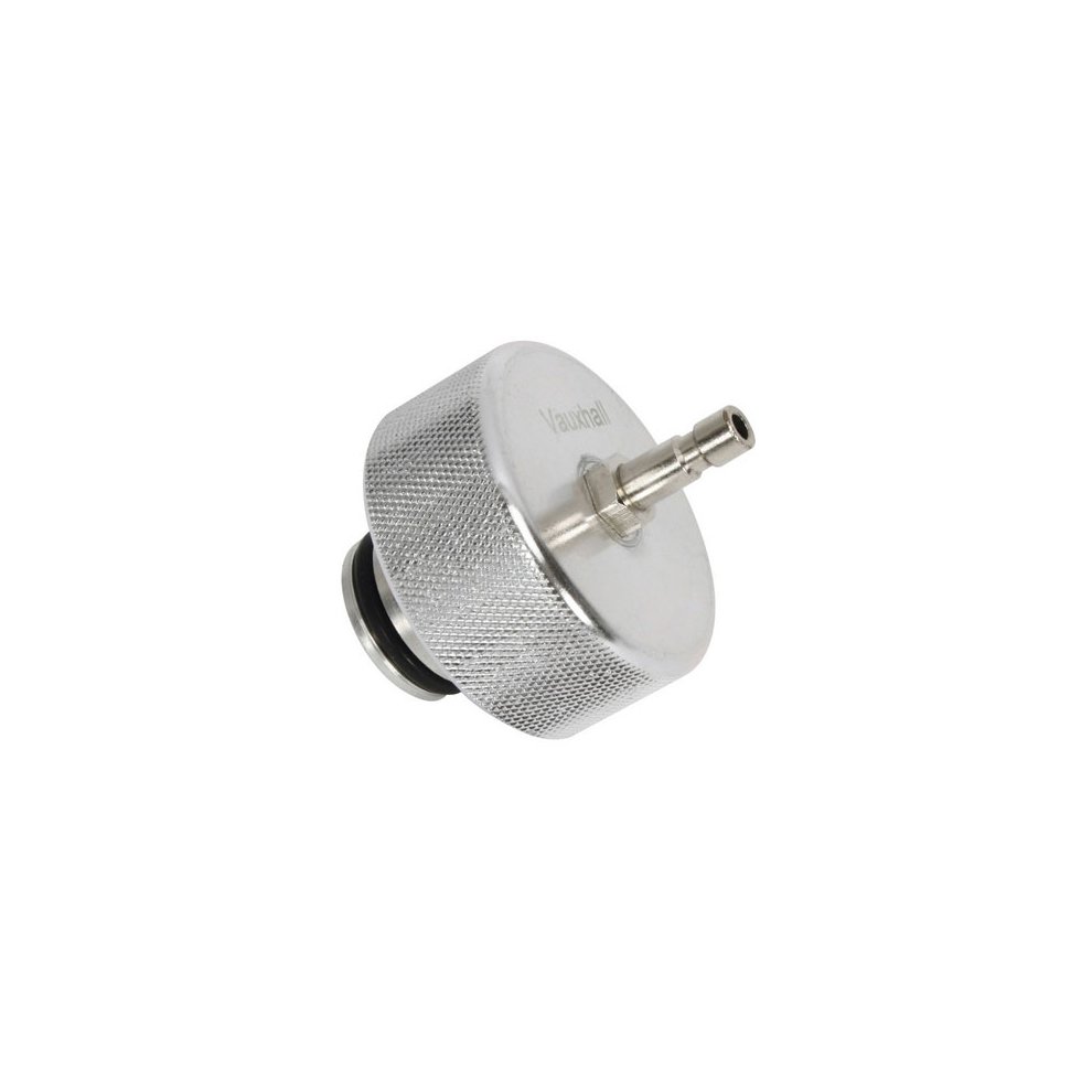 Silver metal coolant pressure test cap with a knurled grip and a small outlet tube, specifically designed for Vauxhall/Opel vehicles.