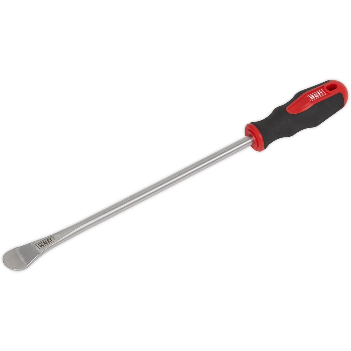 Deluxe tyre lever with a 375mm length, featuring a shiny metal shaft and a black rubber grip with red accents for enhanced handling and comfort.