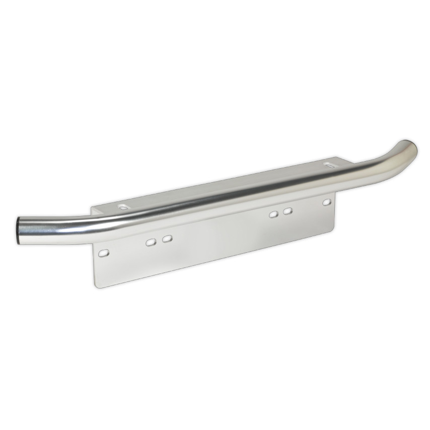 Silver metal universal light mounting bracket with a curved bar and multiple mounting holes for numberplate fitting.