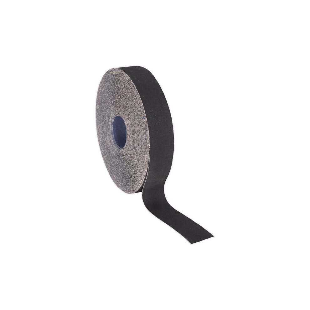 Blue twill emery roll measuring 25mm in width and 50m in length, featuring a textured surface for sanding and finishing, with a core that is dark in color.
