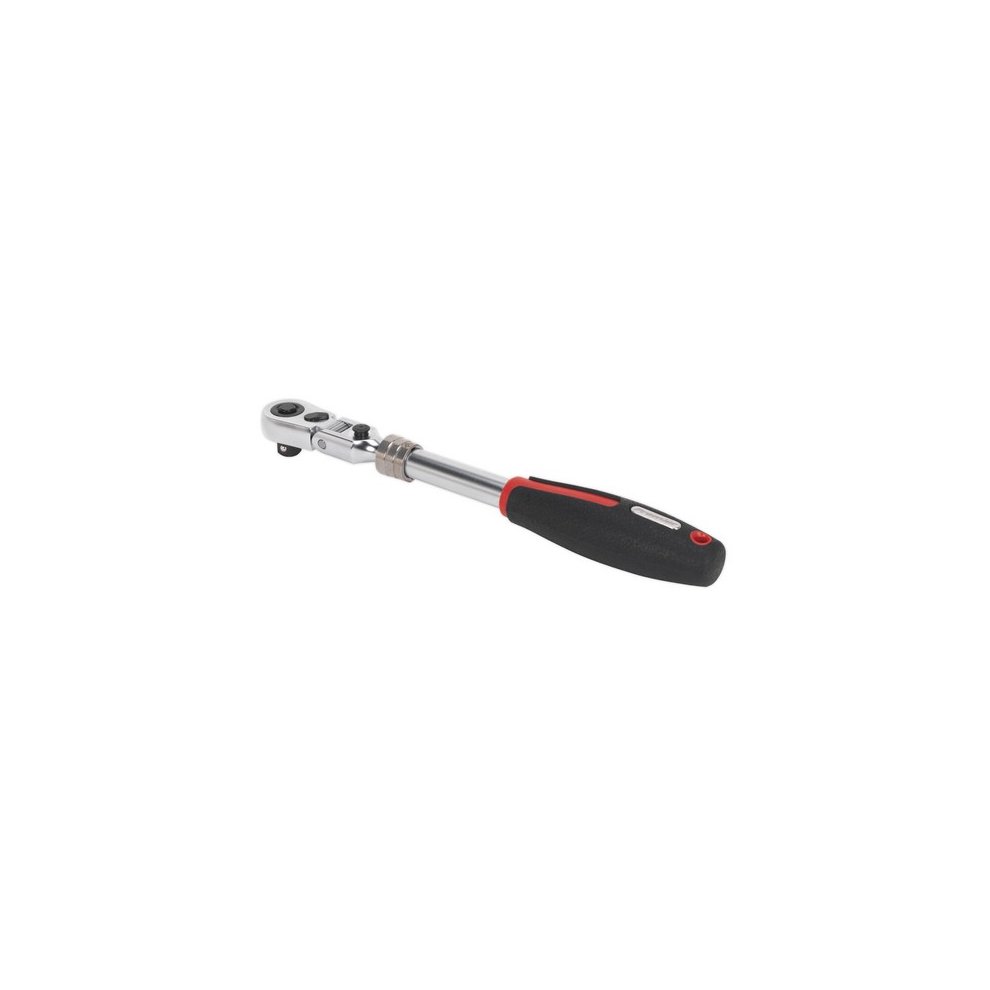 3/8" square drive ratchet wrench with a chrome finish and a black rubber grip handle, featuring a flexi-head and an extendable length for added versatility.