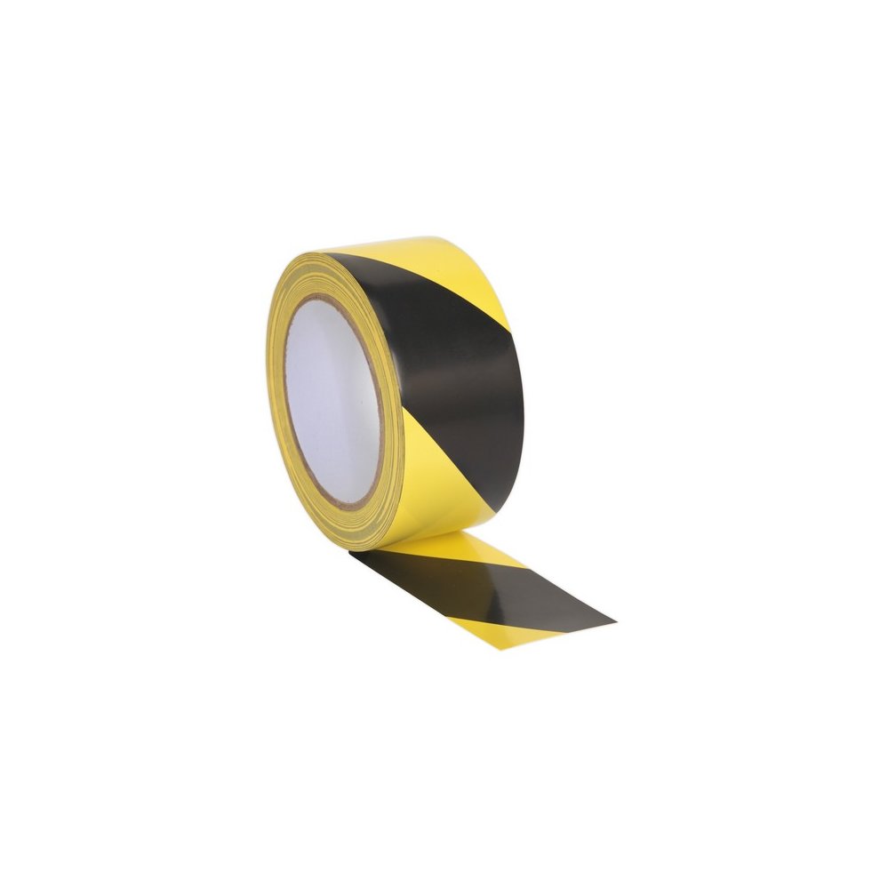 Hazard warning tape in black and yellow diagonal stripes, measuring 50mm wide and 33m long, with a glossy finish and strong adhesive backing.