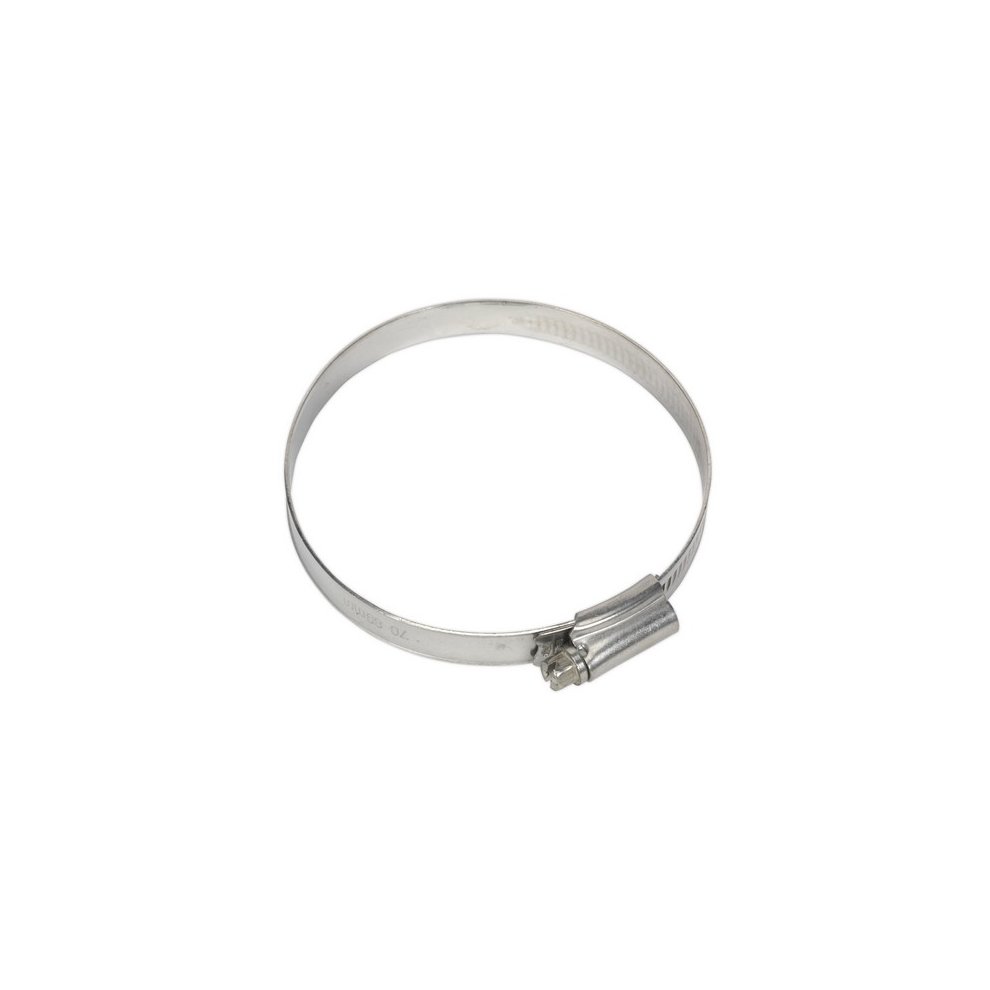 Five stainless steel hose clips, each measuring 70mm to 89mm, featuring a smooth, shiny finish and a screw mechanism for secure fastening.