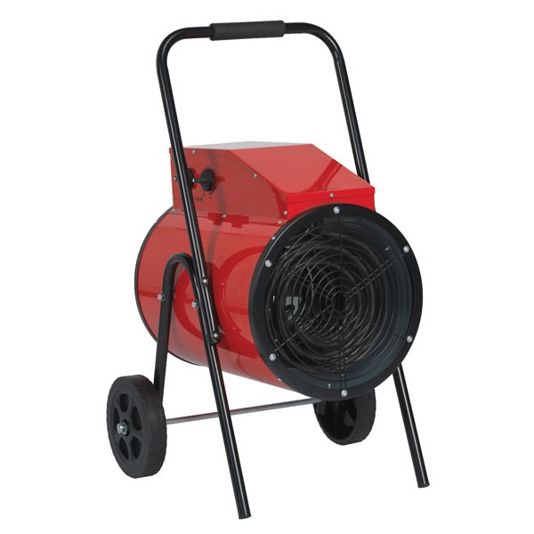 Red industrial fan heater on a black wheeled frame, featuring a large circular front grill, control panel on the side, and a sturdy handle for easy mobility.