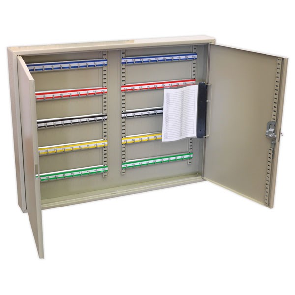 Wide key cabinet with a beige metal exterior, featuring multiple colored key hooks (red, blue, yellow, green) and a document holder for key labels inside.