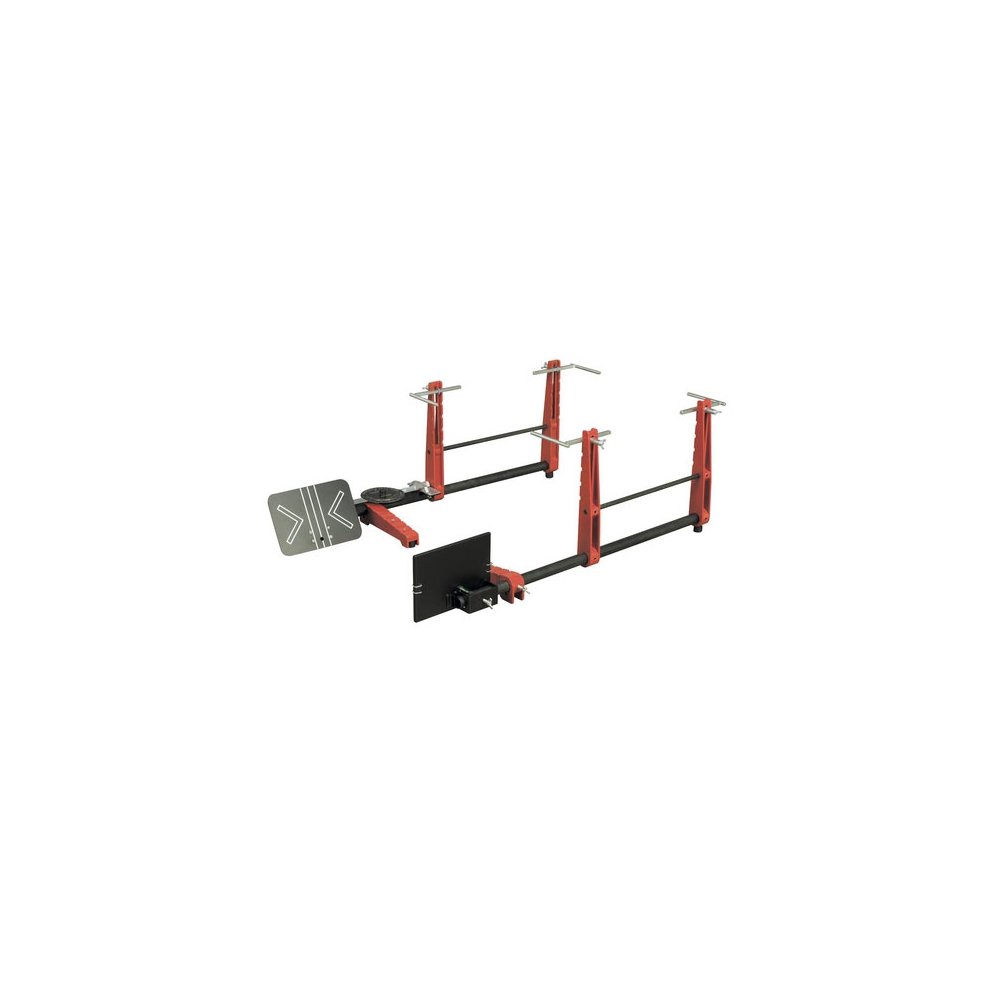 Red and black Sealey GA50 Laser Wheel Alignment Gauge featuring adjustable arms, a laser targeting system, and a sturdy metal frame for precise vehicle alignment measurements.