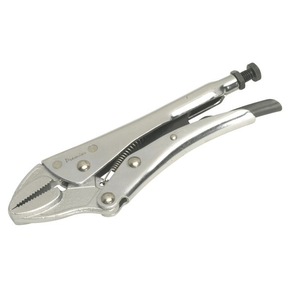 Silver locking pliers with straight jaws, 230mm length, featuring a textured gripping surface and a black rubber handle for improved grip and control.