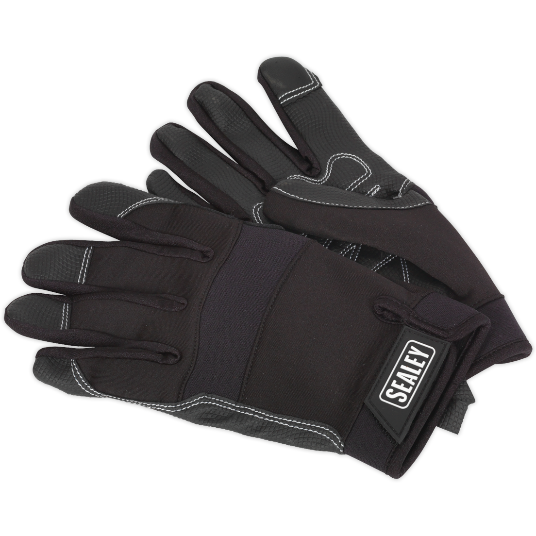 Black and red mechanics gloves by Sealey, featuring a tactile touch design, reinforced fingertips, and padded palms, sized XL for a comfortable fit.