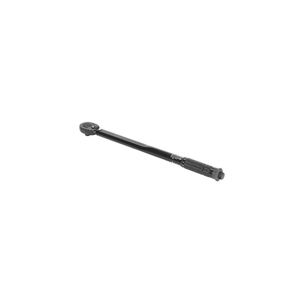 Black micrometer torque wrench with a 1/2" square drive, featuring a calibrated scale and a textured grip for enhanced handling.