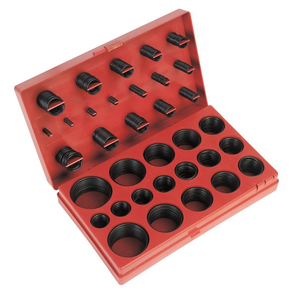 Red plastic case containing 419 assorted black rubber O-rings in various sizes and shapes, neatly organized in compartments.