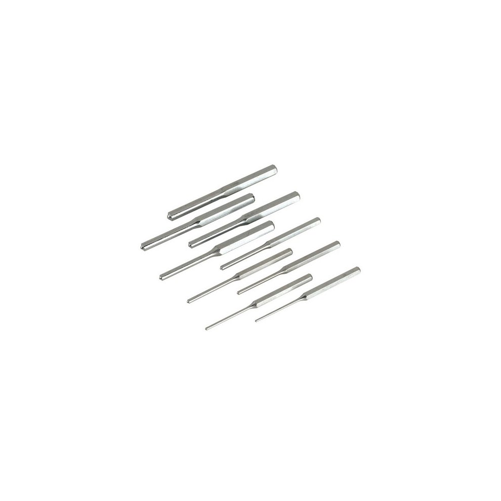 Nine metallic roll pin punches in varying lengths, featuring a polished silver finish, arranged in a staggered layout, ideal for precision tasks in mechanical work.