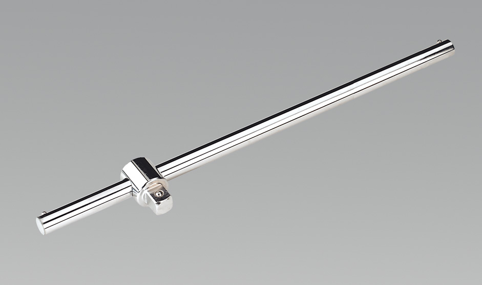 Shiny chrome sliding T-bar with a 3/4" square drive, featuring a smooth, elongated handle and a central swivel joint for enhanced torque application.