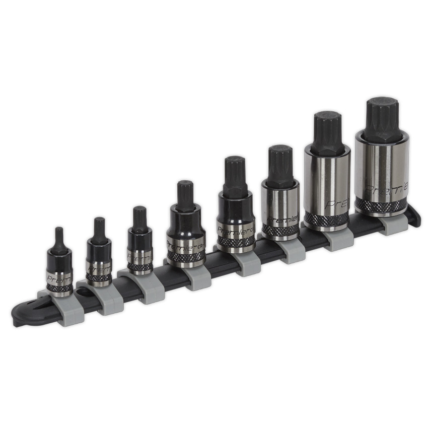 Eight-piece Sealey AK6214B Spline Socket Bit Set featuring chrome vanadium steel bits in varying sizes, mounted on a black and gray holder for easy organization.