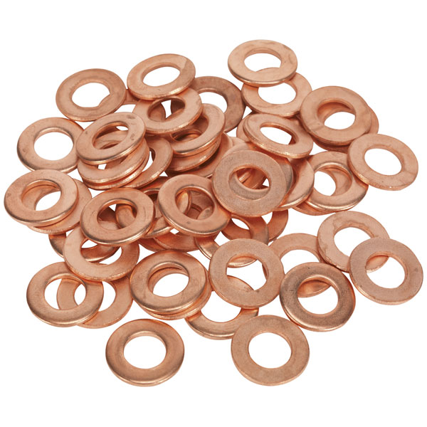 Copper-colored stud welding washers, 8 x 16 x 1.5mm, in a pack of 50, featuring a flat design with a central hole for fastening applications.