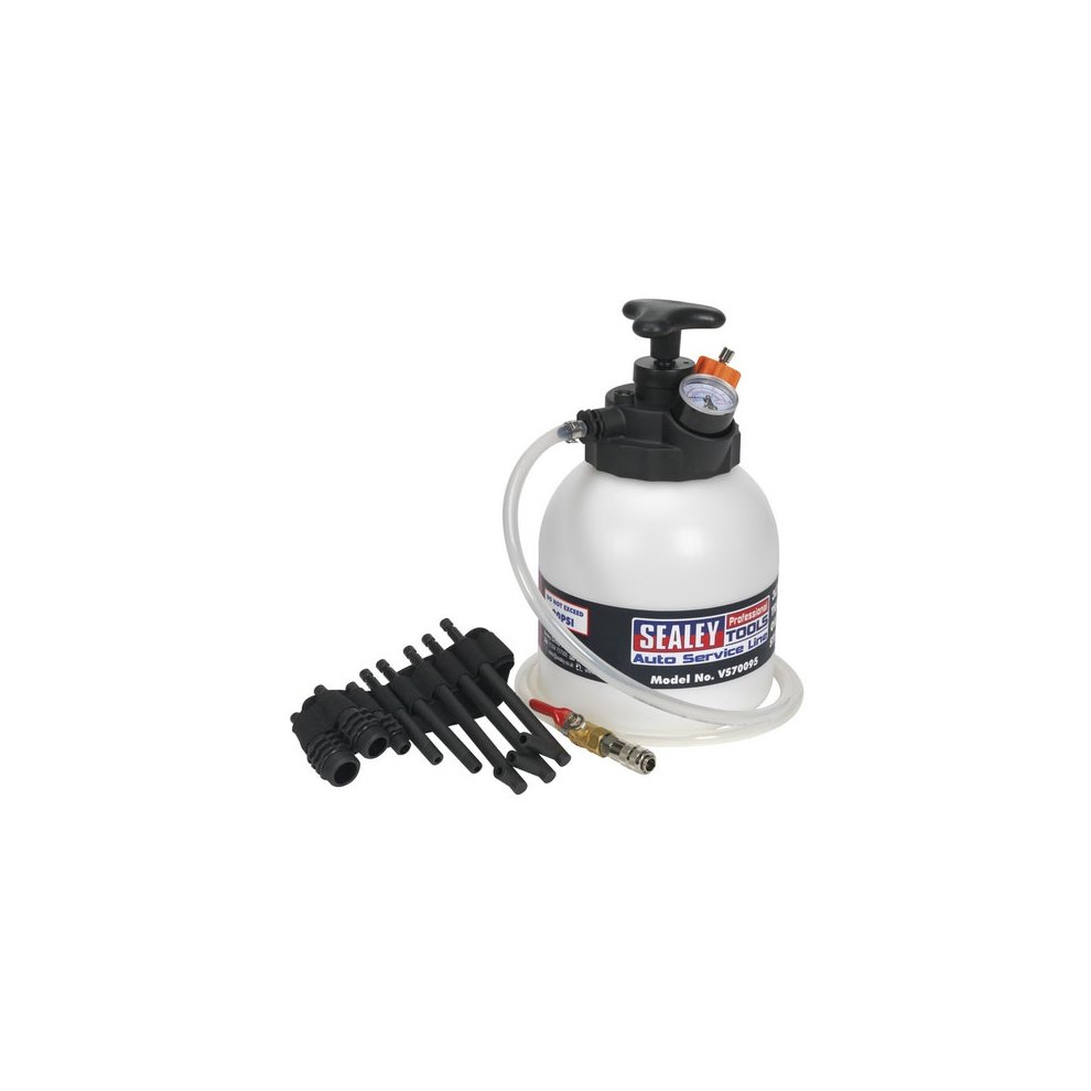 White plastic transmission oil filling system with a black pump handle, pressure gauge, and various black hoses and adapters, labeled Sealey VS70095, capacity of 3 liters.