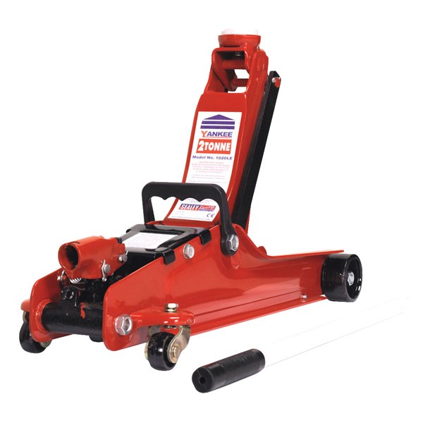 Red Sealey 1020LE trolley jack with a low entry design, short chassis, 2-tonne capacity, featuring a sturdy metal frame and rubber wheels for easy maneuverability.