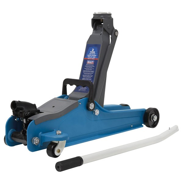 Low entry trolley jack in orange and blue, featuring a short chassis, 2-tonne capacity, sturdy wheels, and a long handle for easy maneuverability.