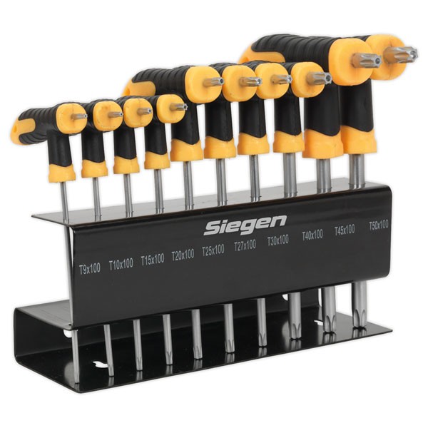Ten-piece T-handle key set with black and yellow rubber grips, displayed in a metal holder, featuring various sizes labeled from T9 to T50, designed for easy access and organization.