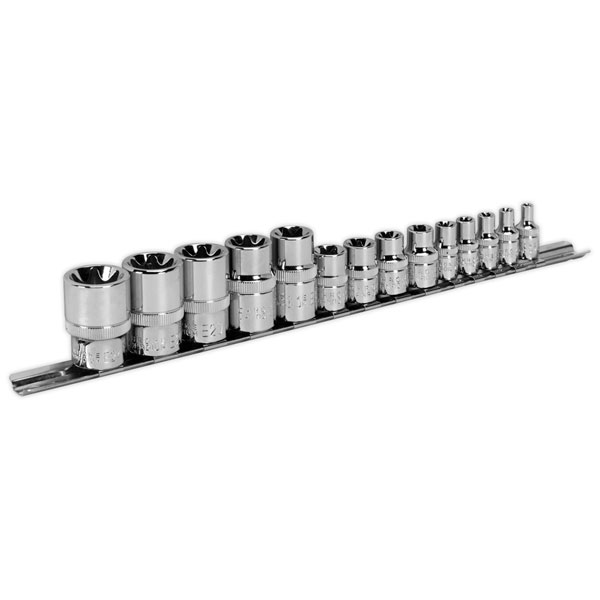 14-piece Sealey TRX-Star socket set featuring chrome-plated steel sockets in 1/4", 3/8", and 1/2" square drives, mounted on a metal rail for easy organization.