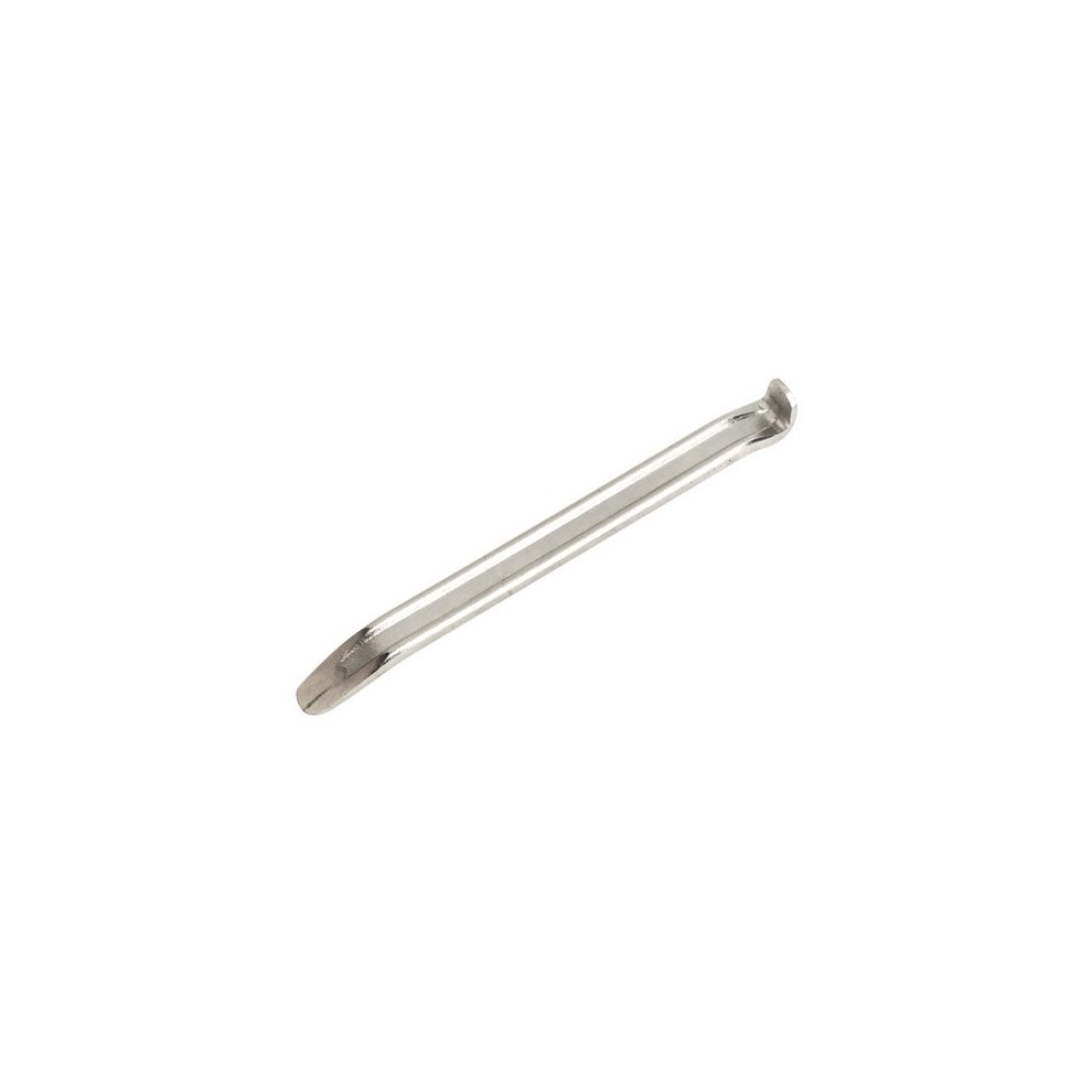 Steel tyre lever, 300mm long, featuring a flat, curved end for easy tire removal, with a shiny metallic finish for durability and corrosion resistance.