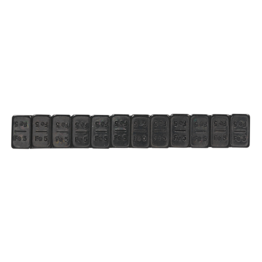 Adhesive wheel weights in a strip, featuring five-gram zinc plated steel weights, black finish with embossed markings for easy identification.