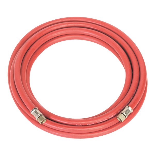 Red rubber air hose, 10 meters long and 10mm in diameter, featuring two metal 1/4" BSP unions at each end for secure connections.