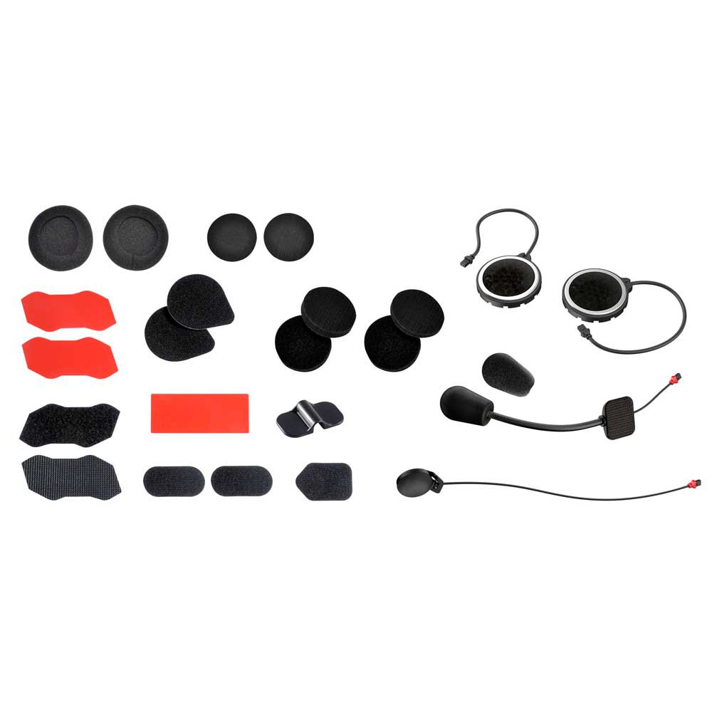 Sena Accessory Kit for 10R includes black speakers, microphone, adhesive pads, and various mounting accessories, all designed for Bluetooth communication systems.