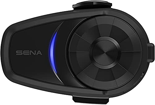 Sena 10S Bluetooth Communication System in sleek black, featuring a circular control dial, LED indicator, and compact design for easy mounting on helmets.