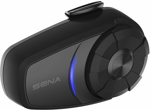 Sena 10S Bluetooth Communication System in sleek black plastic, featuring a prominent control dial, LED indicator, and compact design for easy attachment to helmets.