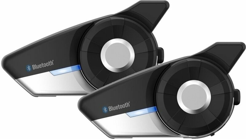 Black and silver Sena 20S Evo HD S21 communication system twin set, featuring Bluetooth connectivity, round speaker design, and a sleek, aerodynamic shape.