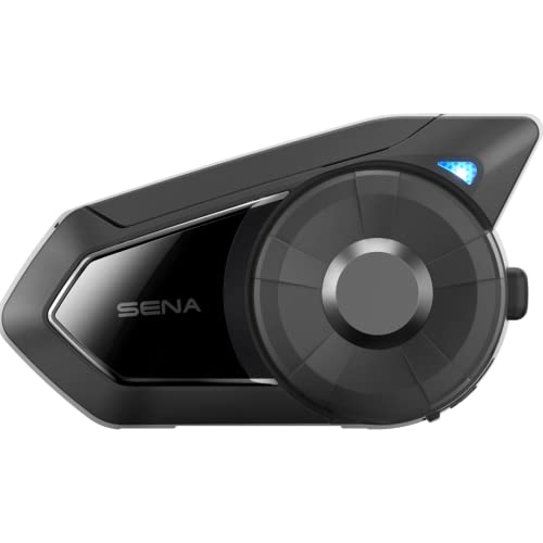 Sena 30K HD communication system in sleek black with a glossy finish, featuring a large control dial and blue LED indicator for easy operation.