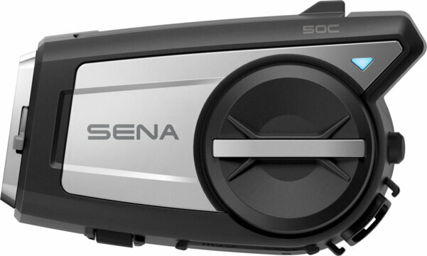 Sena 50C communication system in black and silver, featuring a large control dial, sleek design, and a built-in camera for recording and communication.