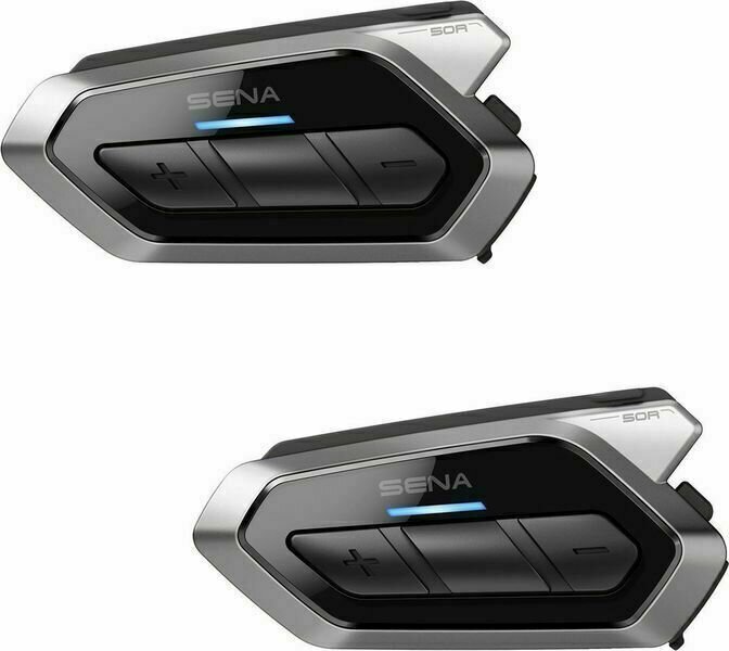 Sena 50R Harman Kardon communication system twin set featuring sleek black and silver design with buttons for volume control and a blue LED indicator.