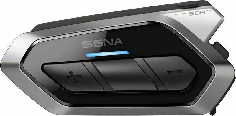 Sena 50R Harman Kardon communication system in black and silver with a sleek design, featuring three control buttons and a blue LED indicator.