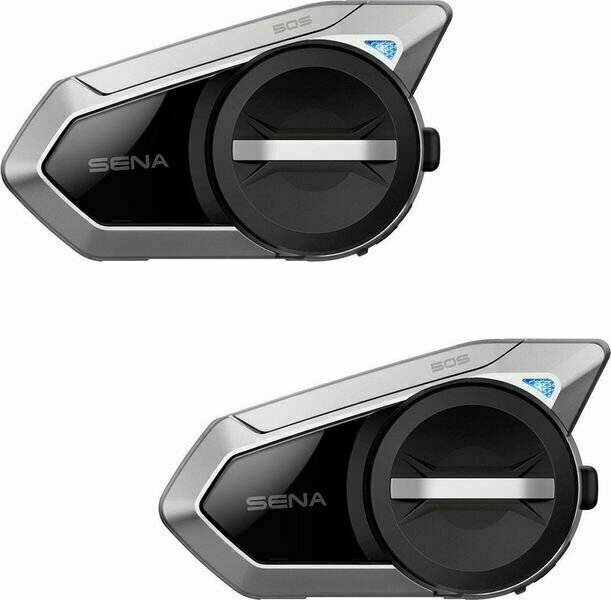 Sena 50S Harman Kardon communication system twin set featuring sleek black and silver design, compact shape, and prominent control dial for easy operation.