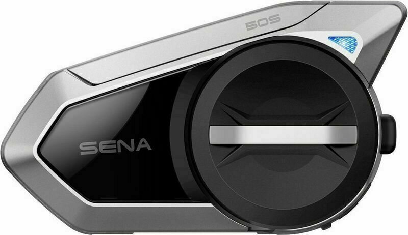 Sena 50S Harman Kardon communication system in sleek silver and black design, featuring a circular control dial and a compact, aerodynamic shape for easy mounting.