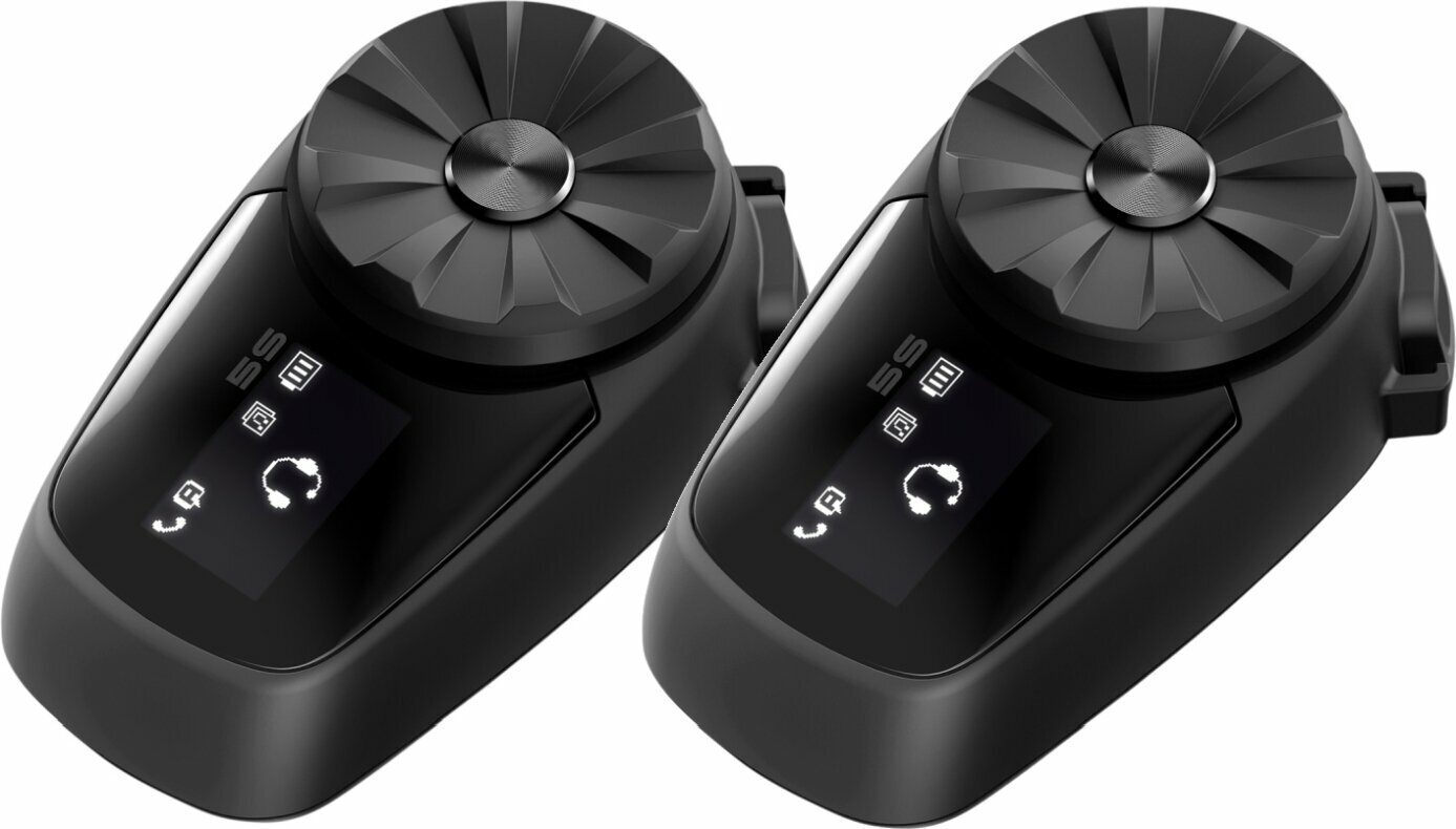Two black Sena 5S communication systems with a sleek design, featuring a prominent round control dial and a clear display screen showing icons and battery status.