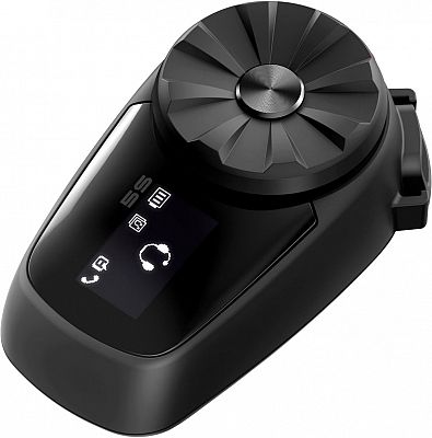 Black universal intercom device with a prominent circular control knob, a small display screen showing icons, and a sleek, streamlined design, featuring Bluetooth 5.0 technology.