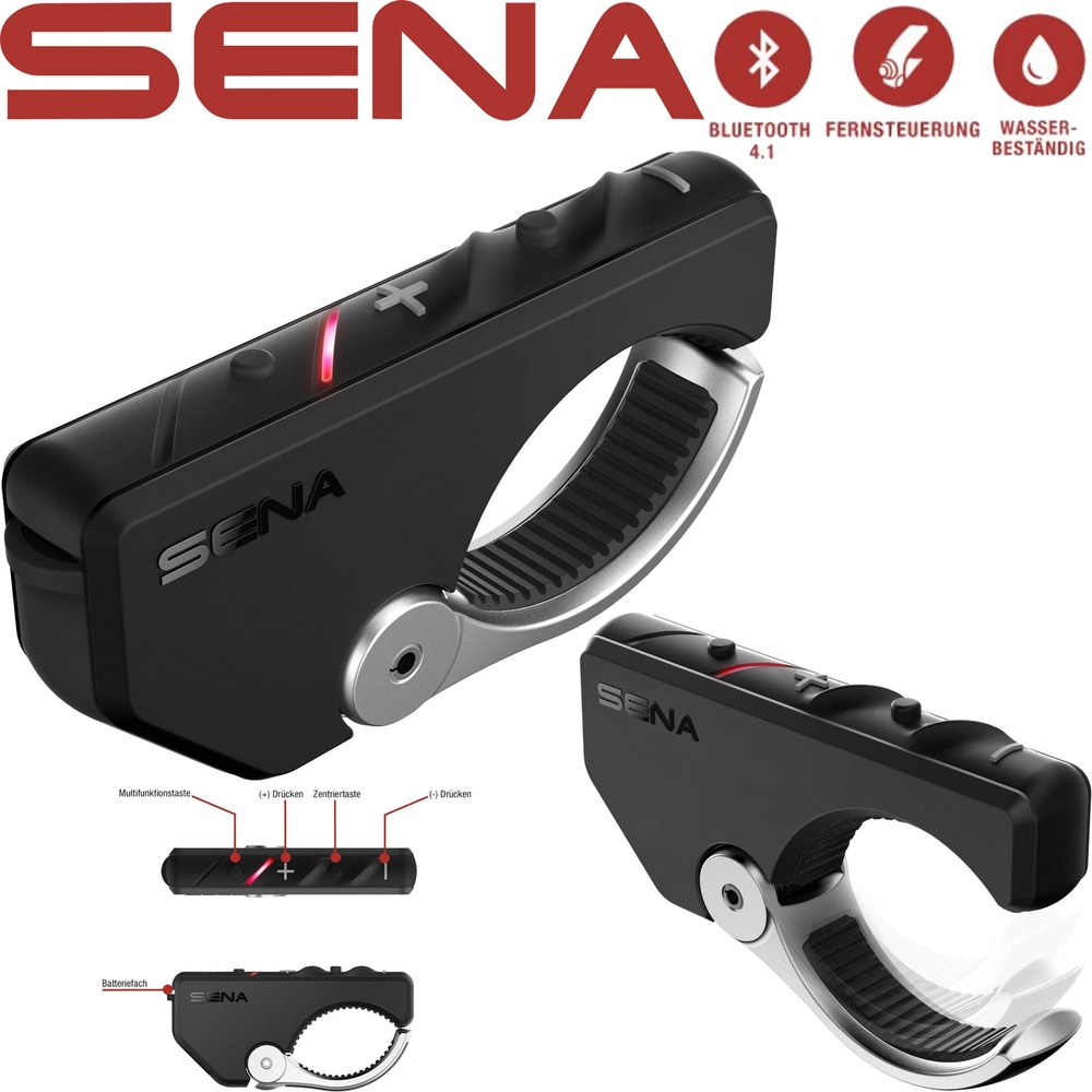 Black Sena RC4 remote control with a textured grip, featuring a Bluetooth symbol, volume control, and a durable design, highlighted by a silver accent and waterproof label.