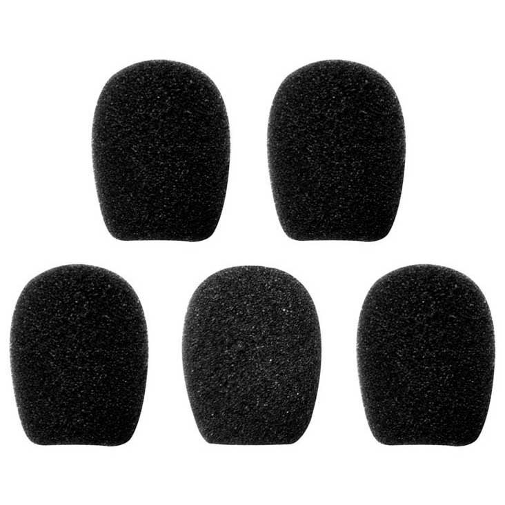 Black foam microphone sponges, five pieces, designed for Sena Bluetooth intercommunication systems, featuring a rounded shape for optimal sound quality and wind protection.